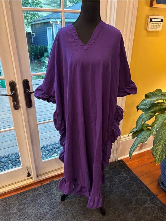 California Drawstring Dresses & Skirts - Purple V-Neck Ruffled Maxi Dress - Relaxed Women's Caftan